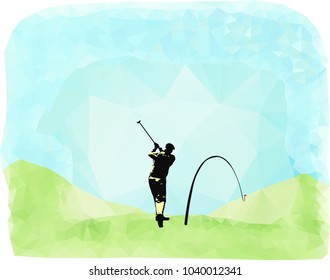 Silhouette of golf player standing on the green triangular low polygonal field under the blue sky. Ball is flying to the hole on the hill.