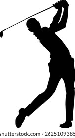 Silhouette of a golf player swinging club, isolated on white background