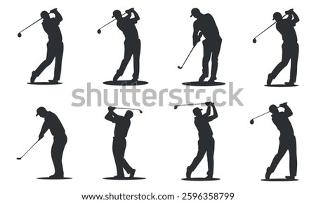 silhouette golf swing sequence, golfer motion poses, black sports action figure set

