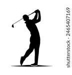 a silhouette of a golfer hitting a ball with a white background	
