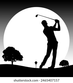 a silhouette of a golfer hitting a ball with a white background	