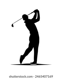 a silhouette of a golfer hitting a ball with a white background	