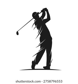 Silhouette of a golfer in mid-swing, dynamic pose against a white background, capturing the essence of golf