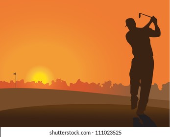 Silhouette of golfer on the course at sunset