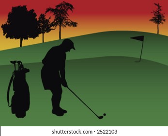 silhouette of a golfer playing golf in a golf course