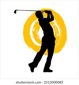 Silhouette of a Golfer Taking a Powerful Swing with a Vibrant Yellow Background