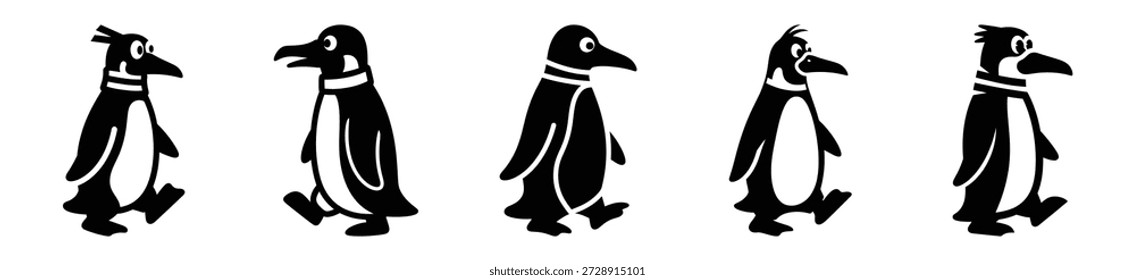 Silhouette of goofy walking penguin vector icon set. Funny silhouette design vector stock illustration