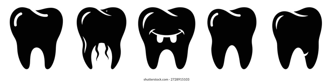 Silhouette of goofy wobbly tooth vector icon set. Funny silhouette design vector stock illustration