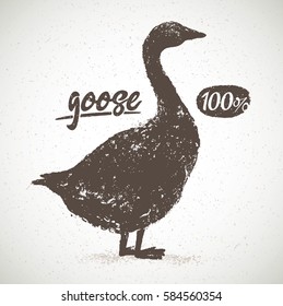 Silhouette of the goose, for light background, with the inscription, hand drawn illustration.