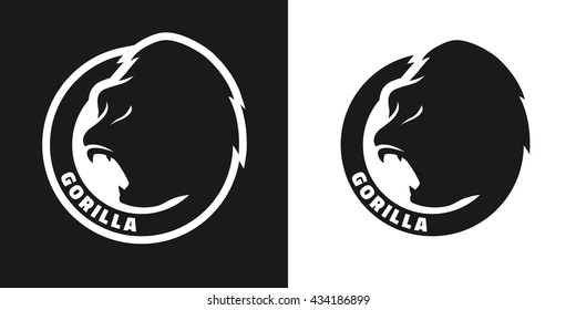 Silhouette of an gorilla, monochrome logo on dark and white background.