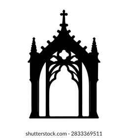 Silhouette of a Gothic architectural structure featuring intricate spires and arches, emphasizing historic design elements and craftsmanship.