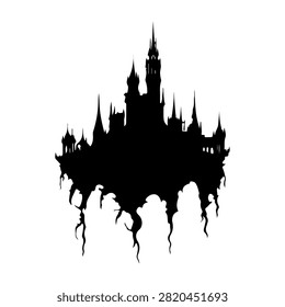 Silhouette of a gothic castle with multiple spires and towers, set against a plain background, evoking a mysterious and fantasy atmosphere.