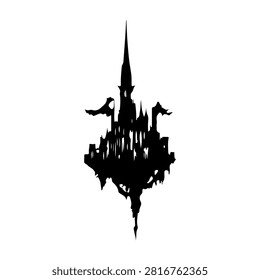 Silhouette of a gothic castle with tall spires and intricate details, set against a plain white background, evoking a mysterious and fantasy atmosphere.