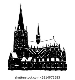 Silhouette of a Gothic cathedral featuring towering spires, intricate architecture, and detailed design elements against a plain background.