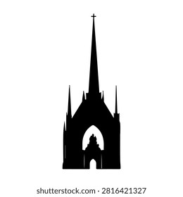 Silhouette of a Gothic cathedral spire showcasing intricate architectural design and towering structure against a plain background.