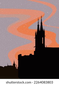 Silhouette of a gothic city at night with buildings from the towers against the backdrop of sunset.