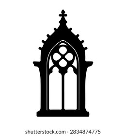 Silhouette of a Gothic style architectural window featuring intricate pointed arches and decorative elements, emphasizing historic design.