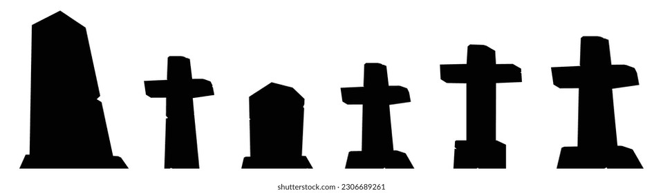 Silhouette gothic tombstones and stone crosses. Cemetery crosses, tomb mausoleum, pillar and ancient memorials with cracks.