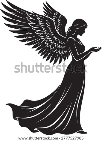 Silhouette of a graceful angel with large wings isolated on white background