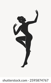 Silhouette of a graceful dancer in a dynamic pose. Elegant dance movement captured in a minimalist black silhouette. Artistic expression through dance. Minimal vector design.