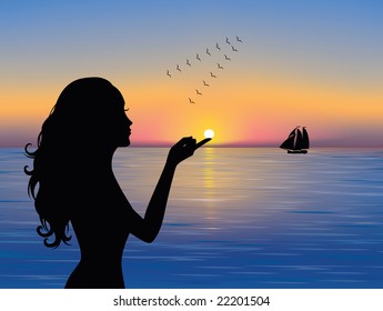 Silhouette of graceful woman touching the sun.  A ship in the distance and a flock of birds flying south.