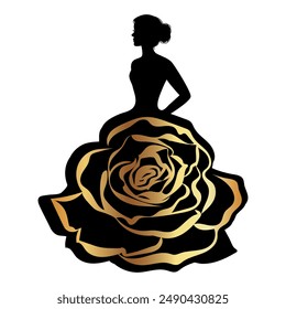 Silhouette of graceful women in evening dress with ornament of flower rosa