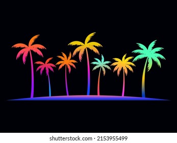 Silhouette gradient palm trees in 80s style black background  Tropical palms isolated  Summer time  Design for posters  banners   promotional items  Vector illustration
