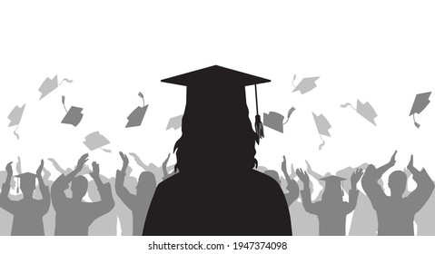 Silhouette graduate girl on background of cheerful group people throwing mortarboard. Graduation ceremony. Vector illustration.