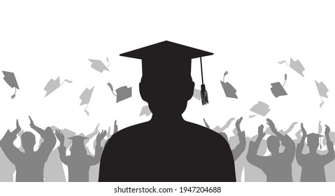 Silhouette graduate on background of cheerful group people throwing mortarboard. Graduation ceremony. Vector illustration.