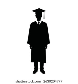 Silhouette of a graduate wearing a graduation cap and gown on a white background