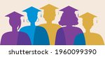 Silhouette of graduates isolated. Flat vector stock illustration. Young graduates wearing square academic caps. Science symbol, higher education concept. Silhouette illustration