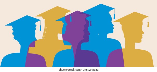 Silhouette of graduates in profile isolated. Silhouette vector stock illustration. People at the prom. Bachelors and masters as graduates of college, university. Color illustration. Vector graphics