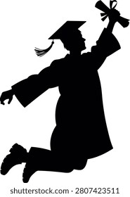 Silhouette of a graduating student leaping upwards holding a diploma scroll aloft