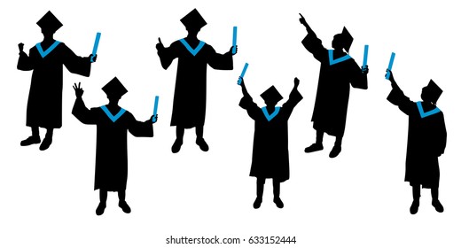 silhouette of graduation student show different gesture on white background