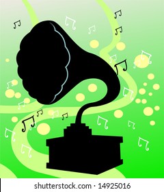 silhouette of a gramophone in green background	