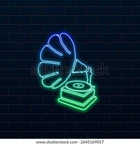 silhouette of gramophone starting notes. neon. Gramophone vector glyph icon. music sign. neon style.