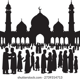 Silhouette of a grand mosque with a diverse crowd of worshippers outside its entrance.

