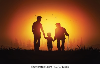 Silhouette of grandfather father and son in the park at the sunset time .Concept of friendly family and father day.