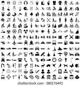 Silhouette graphic collection isolated on white background including transport health and safety people medical entertainment industry science animals and more