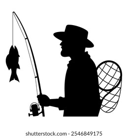 Silhouette graphic of a fisherman holding a fishing rod. Half-body illustration.