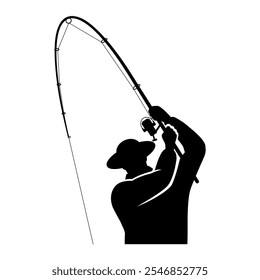 Silhouette graphic of a fisherman pulling a fish with a fishing rod. Half-body illustration.