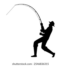 Silhouette graphic of a man in a hat standing and fishing. Fisherman using a fishing rod to pull up a fish.