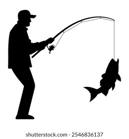 Gráfico de silhueta de um homem vestindo um boné de pesca de pé. Ilustração da vista lateral.