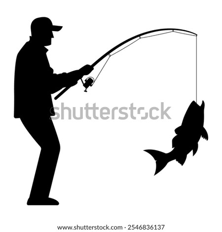 Silhouette graphic of a man wearing a cap standing fishing. Side view illustration.