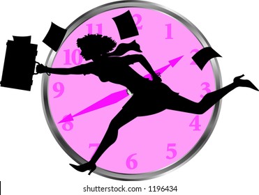 silhouette graphic of running business woman with clock background