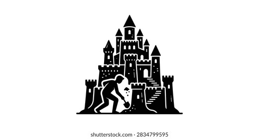 A silhouette graphic showing a person constructing a detailed castle made of sand with towers and battlements
