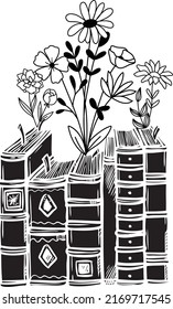 Silhouette Graphics, Multiple Books And Flowers. On A White Background