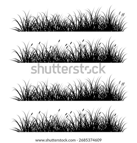 Silhouette Grass Border in Four Horizontal Panels for Landscape, Nature, and Design Projects Stock Images