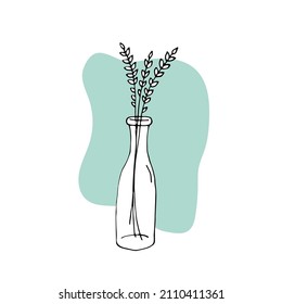 Silhouette of grass in a bottle on the background of stain in pastel colors. Plant in a bottle. Botanical element for decoration. Circuit. outline. Doodle. Vector. Drawn by hand.