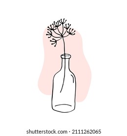 Silhouette of grass in a bottle on the background of stain in pastel colors. Plant in a bottle. Botanical element for decoration. Circuit. outline. Doodle. Vector. Drawn by hand.